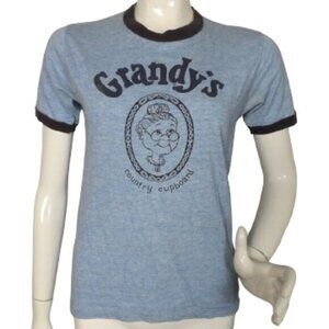 GRANDY'S Country Cupboard Ringer Tshirt, M, Heather blue, Single stitch, VINTAGE